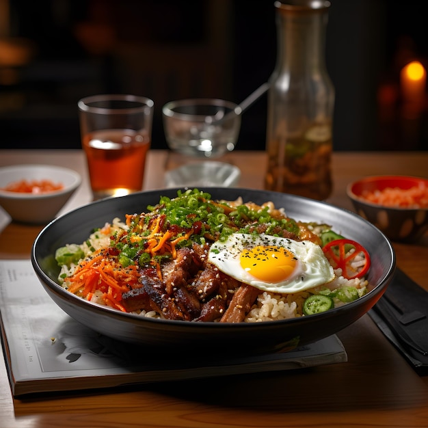 Bibimbap with fried eggs and vegetables on a wooden table