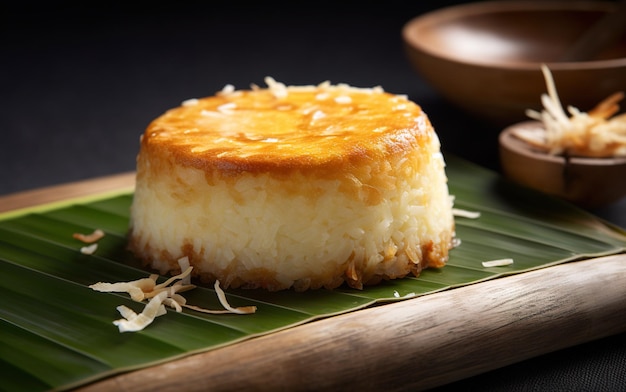 Bibingka rice cake made with coconut milk is sitting on a leaf AI generative Asian Filipino dish