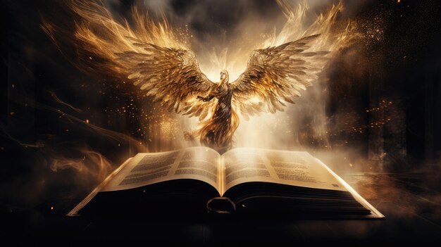 Photo the bible the book of the god of christianity about the covenants of jesus christ with a flame of fire and an angel golden shades