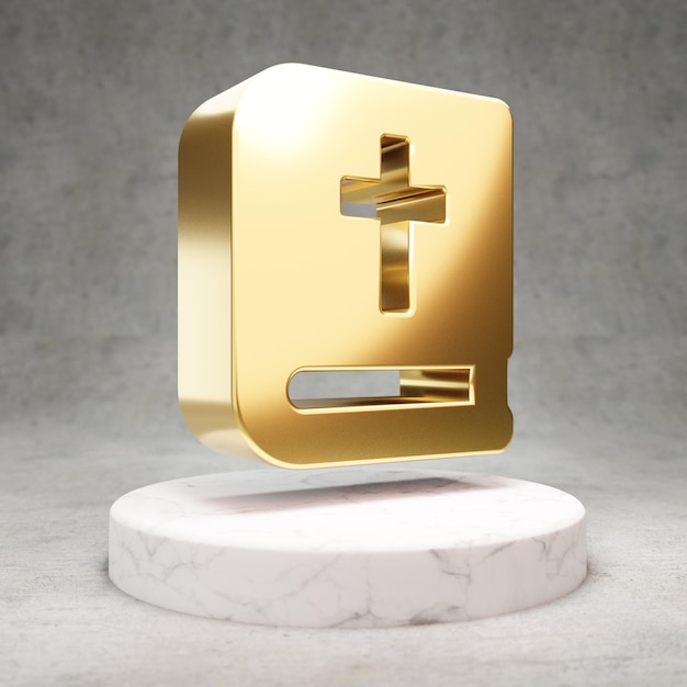 Bible icon. Gold glossy Bible symbol on white marble podium. Modern icon for website, social media, presentation, design template element. 3D render.