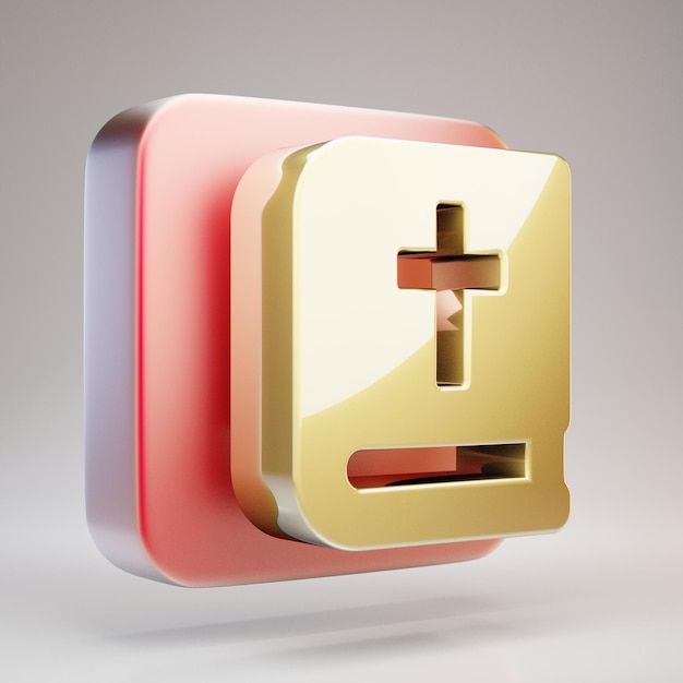 Bible icon. Golden Bible symbol on red matte gold plate. 3D rendered Social Media Icon.