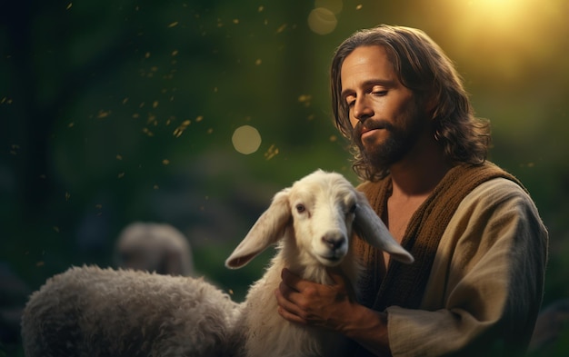 Photo a bible jesus shepherd with his flock of sheep during sunset generative ai