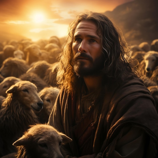 Библейский пастух Иисус со своим стадом овец в лучах восхода солнца