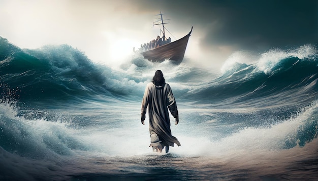 Bible narratives about Jesus walking on water The disciples saw Jesus walking on the water in the storm Christian bible character AI generated