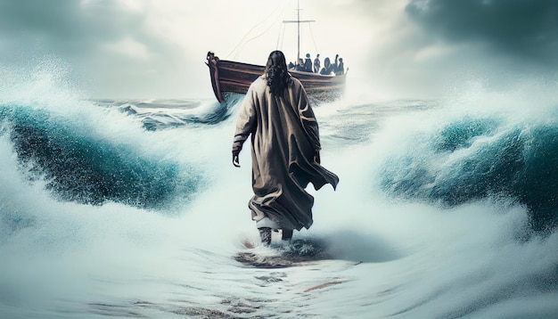 Bible narratives about Jesus walking on water The disciples saw Jesus walking on the water in the storm Christian bible character AI generated