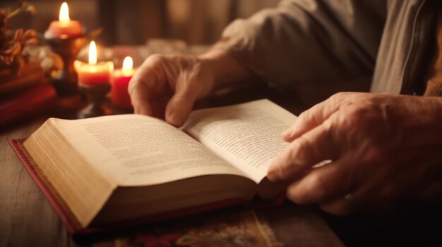 Bible reading and hands with book and religion study at home for worship and spiritual support Faith christian knowledge and person with gratitude