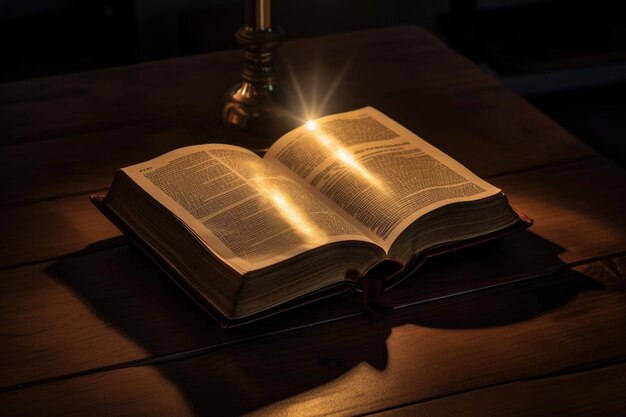 Bible Shining Holy Bible on the wooden table Generative Ai