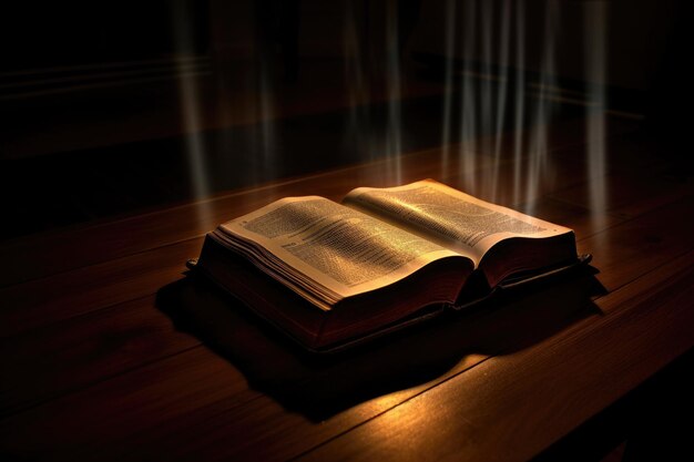 Bible Shining Holy Bible on the wooden table Generative Ai