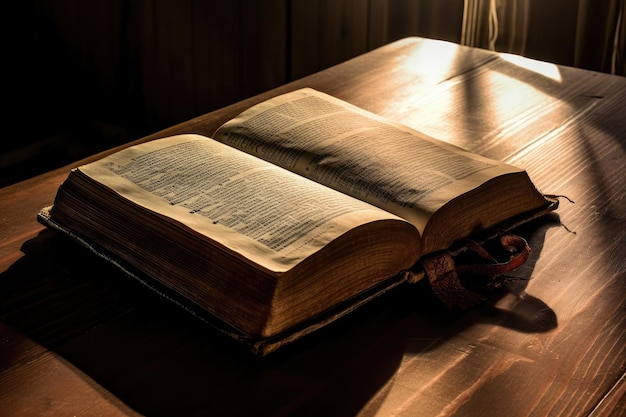 Bible Shining Holy Bible on the wooden table Generative Ai