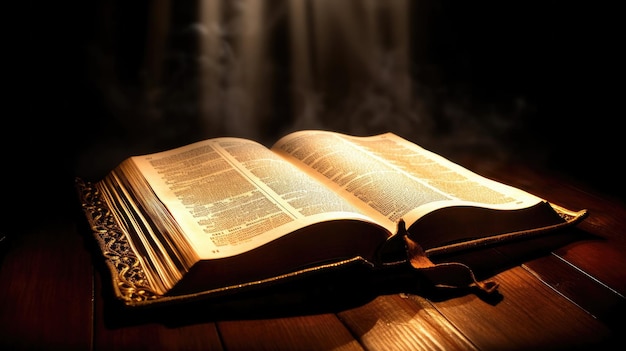 Библия Блестящая Святая Библия на деревянном столе Генеративная Ай