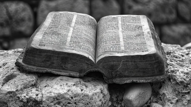 Bible on a stone background Black and white photo of an old book