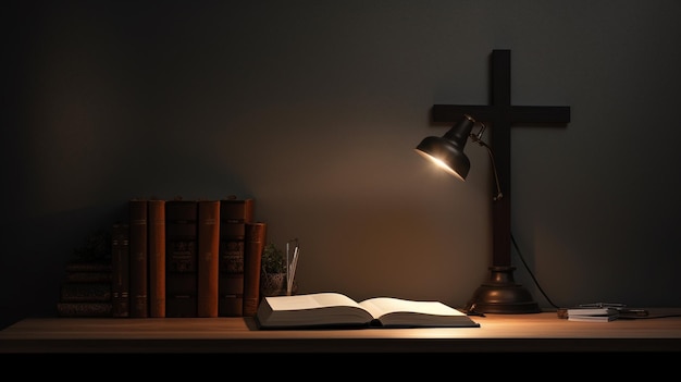 Photo bible with burning cross and candle in dark room