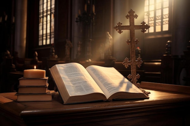 a bible with a candle in the middle of the bible.