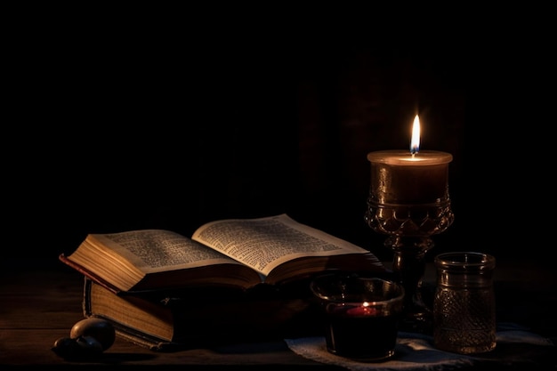 A bible with a candle on a table with dark background