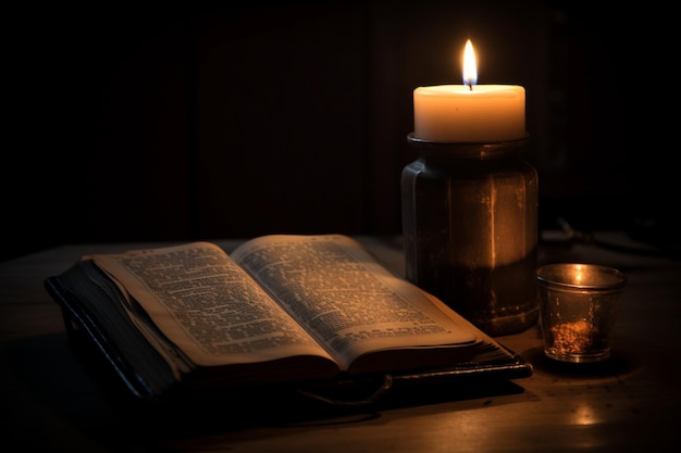 A bible with a candle on a table with dark background