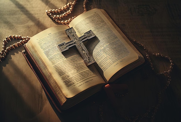 Foto bibbia con croce di legno in cima nello stile del spiritualcore