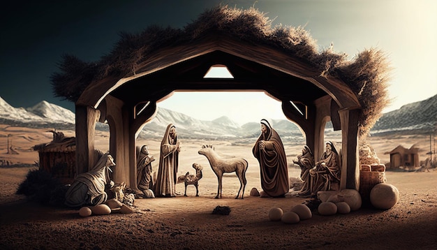 Biblical  illustration series, nativity scene of The Holy Family in stable. Christmas theme