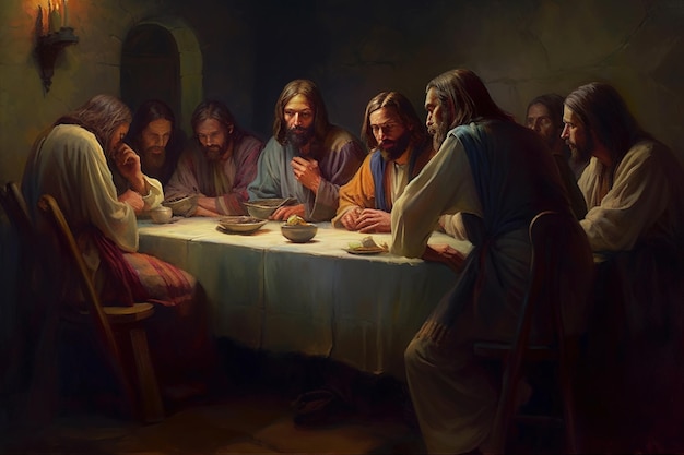 A biblical religious concept from the life of Jesus Christ God Last Supper 12 Apostles faith Bible Secret Supper Jesus christ holding prayer to god father