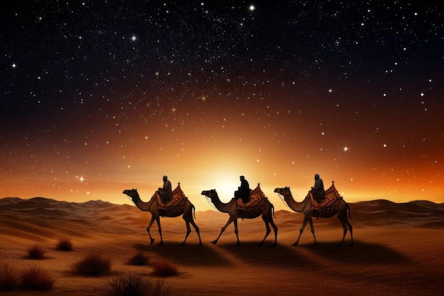 Biblical scene with three kings and camels following a guiding star through desert Generative AI