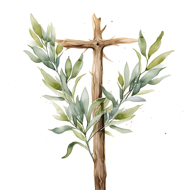 Biblical Symbols Holy Cross Olive Wood Material With Engrave Happy Palm Sunday Frame Watercolor Art