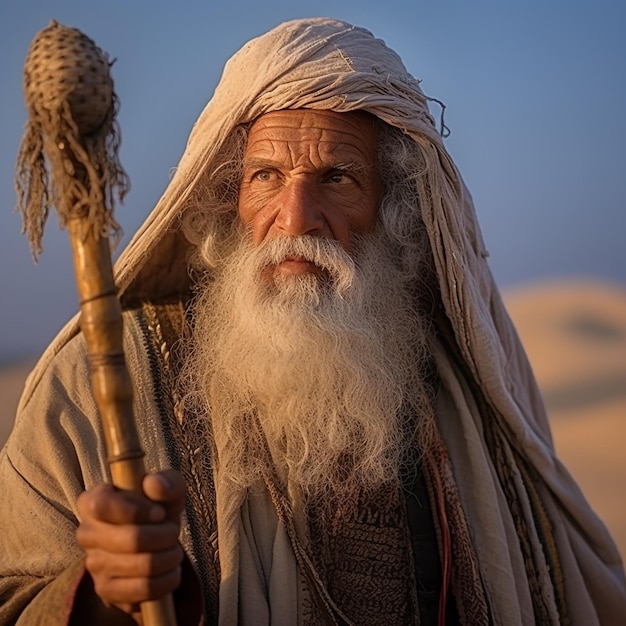 Photo biblical times prophet with beard in desert with staff in hand walking pilgrimage