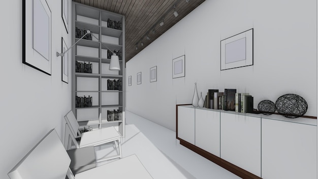 Bibliotheek boek kamer met stoelen boekenplank lege fotolijst interieur schets 3d illustratie