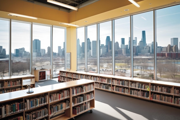 Bibliotheek met uitzicht op de bruisende skyline van de stad op de achtergrond gemaakt met generatieve ai