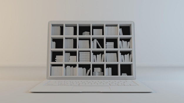 Bibliotheek op computerscherm concept schone witte grijze achtergrond 3D-rendering