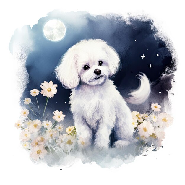 Bichon Fris dog with flower watercolor