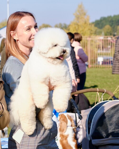 Bichon frise dog in the arms of a happy woman.