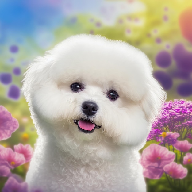 A bichon frise dog is in a field of flowers.