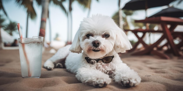 Bichon Frize 개는 해변 휴양지에서 여름 휴가를 보내고 하와이의 여름 해변에서 휴식을 취합니다.