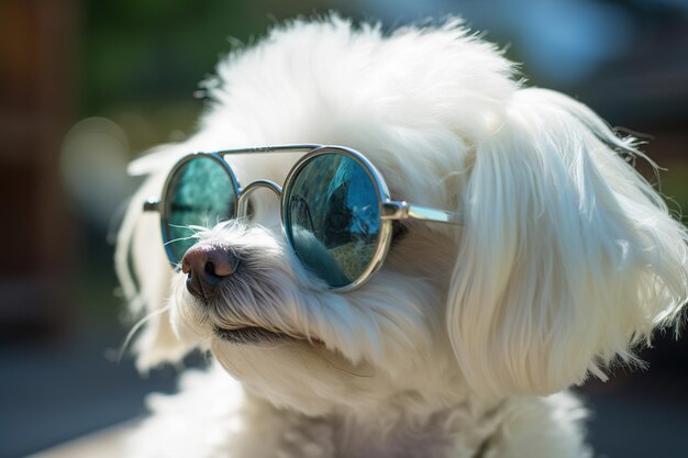 Bichon Frise dog wearing sunglasses Selective focus