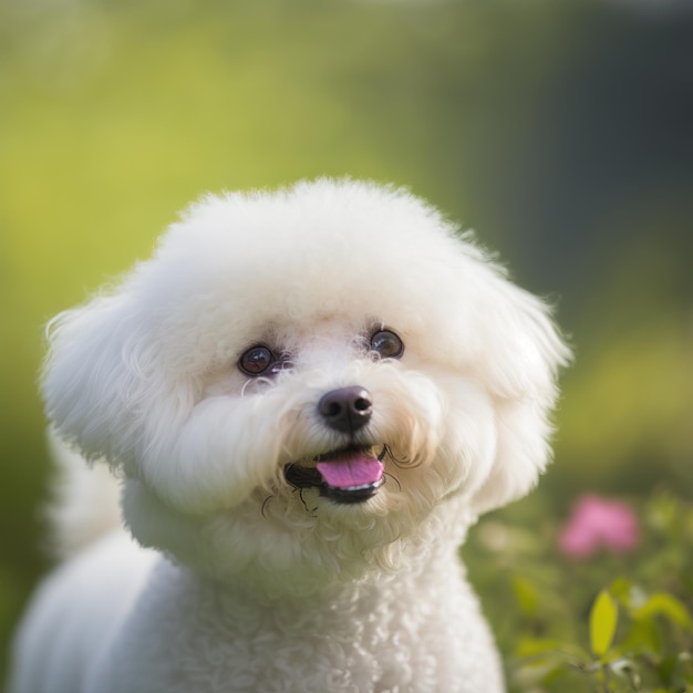 A bichon frise dog with a pink tongue