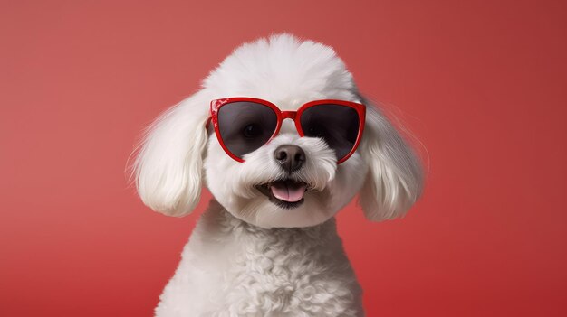 Bichon Frise Dog With Sunglasses Red Background Generative AI