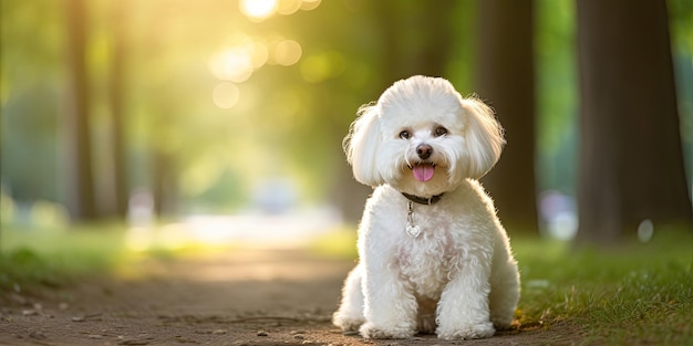 Bichon frise hond zittend op het parcours in het zomerpark