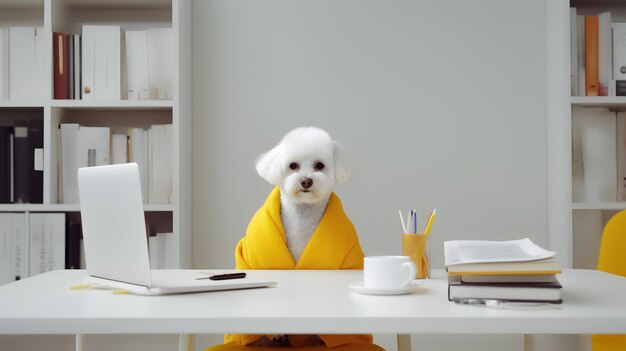 Bichon frise sitting in a study with a mug and stacks of books