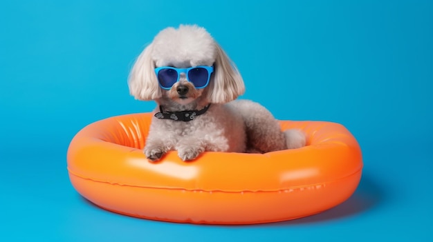 A bichon frise wearing sunglasses sits in an inflatable ring.