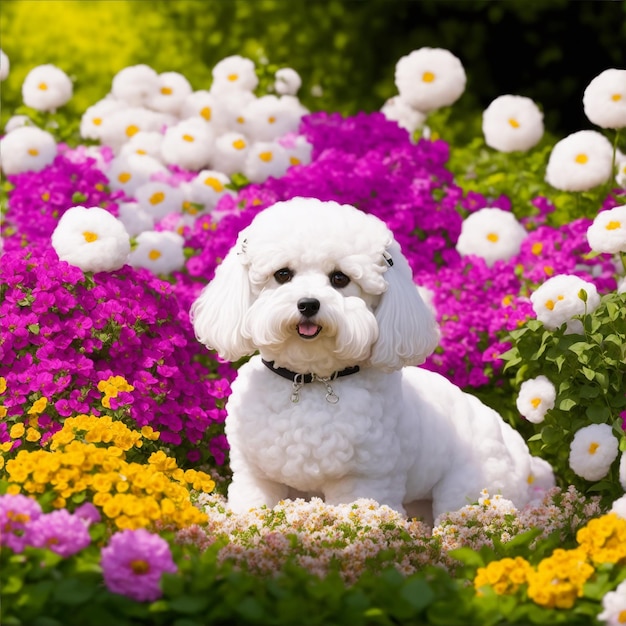 Bichon Frize in een tuin vol bloemen illustratie