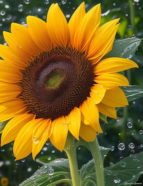 Bicolored sunflower with many raindrops of dew in the morning generated by ai