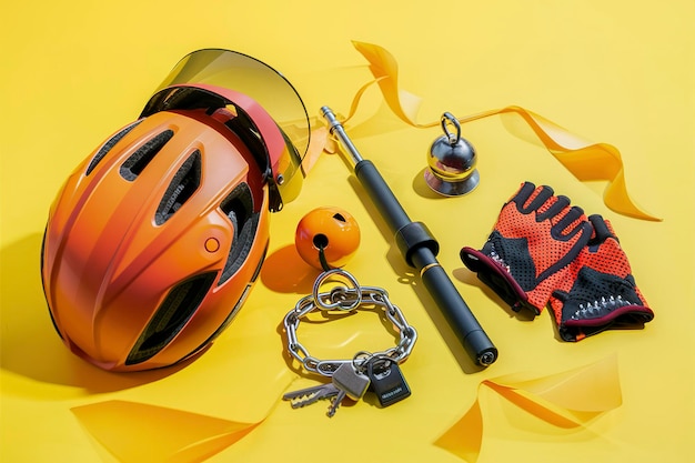 bicycle accessories helmet bell lock with keys gloves pump on a yellow background