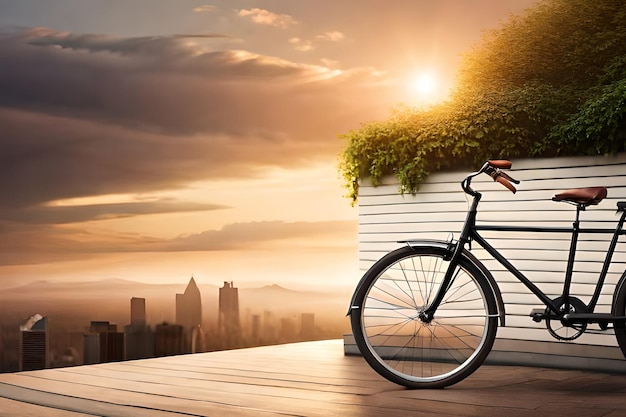 A bicycle on a balcony with a city in the background