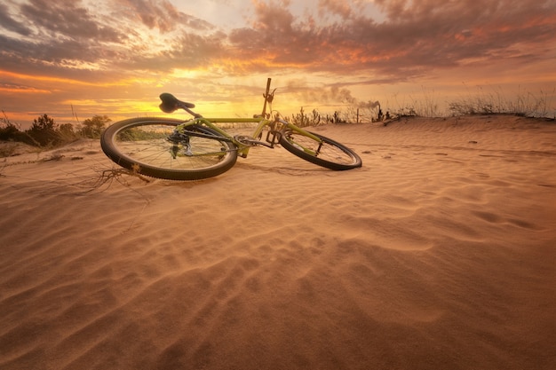 Bicycle on beach sand during sunset