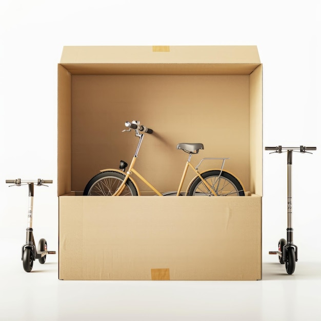 Photo bicycle in a cardboard box on a white background isolated