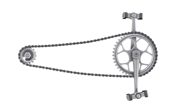 Bicycle chain with pedals front view isolated on white. 3d rendering.