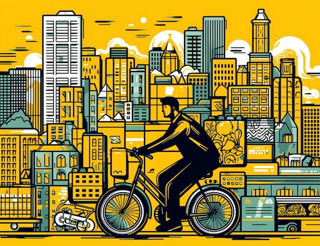 Bicycle day a man cyclist riding in his city colorful vector illustration minimalist style