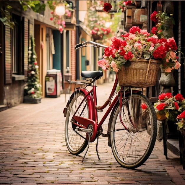 Bicycle and flowers on the pavement in the old town