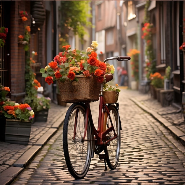 旧市街の歩道にある自転車と花