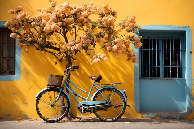 bicycle in front of a wall.