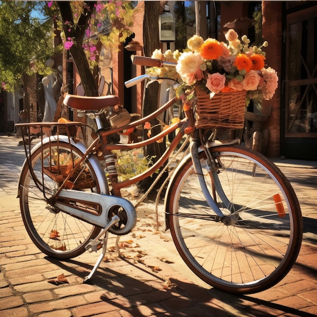 Bicycle in front of a yellow wall with bougainvillea flowers